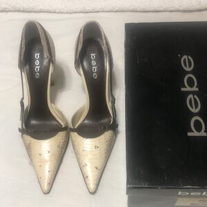 bebe Cream Snake-Print Pointed Toe Slingback Heels 7.5